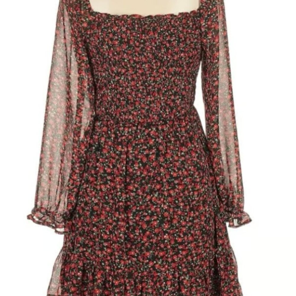 Lily Rose Smocked Black Red Floral Small Mini Dress - Picture 10 of 12